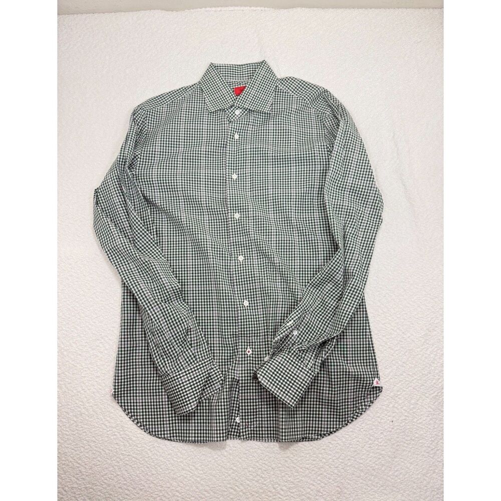 ISAIA Napoli Men's 15.5 39 Green Gingham Dress Shirt 100% Cotton Made Italy